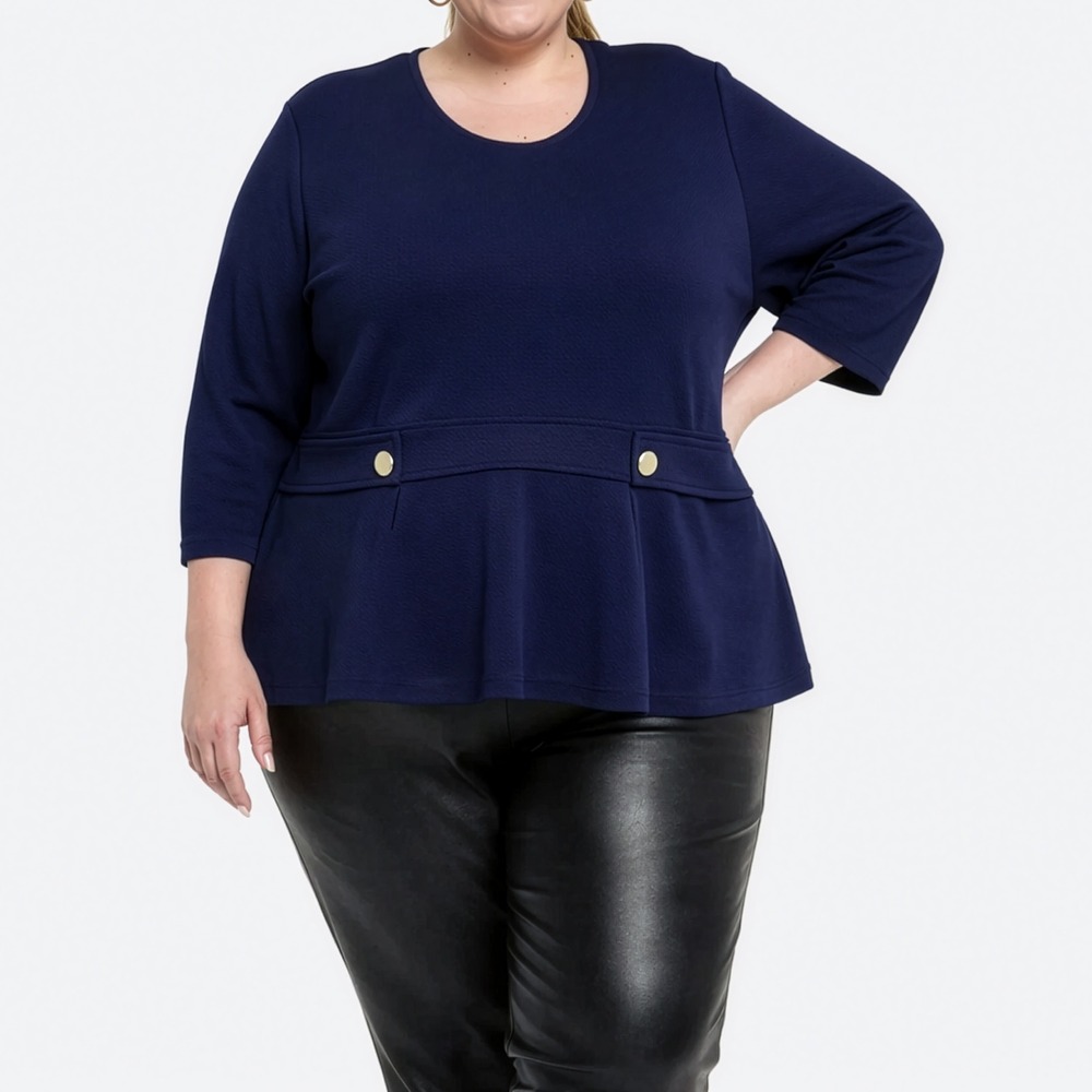 Eloquii Peplum Blouse Navy Blue Gold Button Plus Size 2X 3X Quiet Luxury